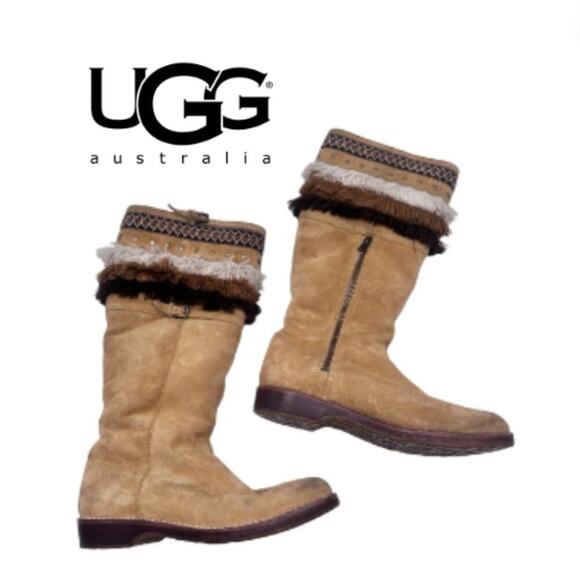 UGG Shoes - UGG 'Kiera' WOMEN's Tan Suede Shearling Lined Fringe Boho Knee-High Boots SIZE 8